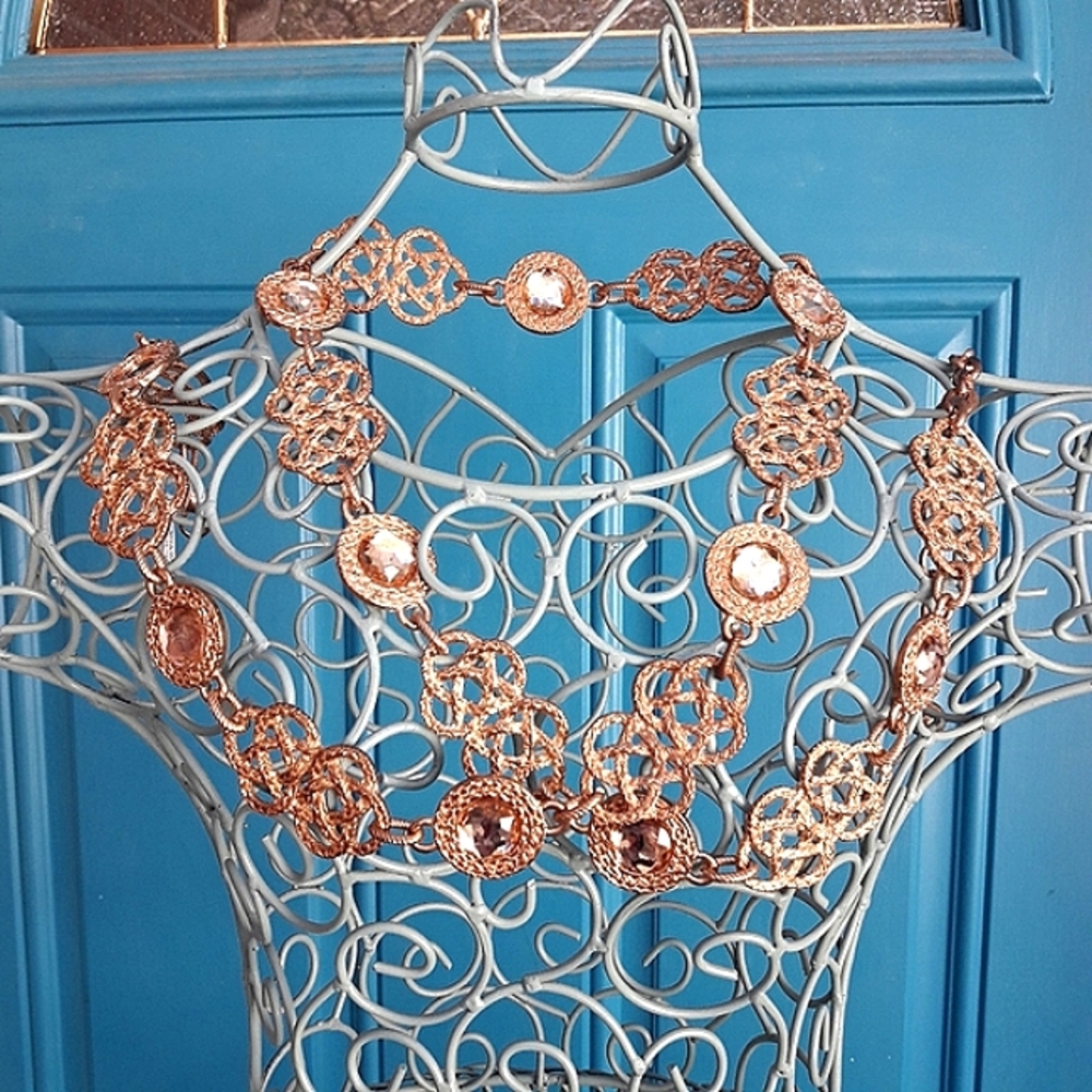 Metal Belt Coppery Gold Chain Link Belt  Greek Key Scrollwork Round Crystals L